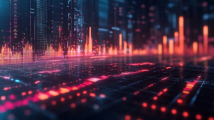 Abstract city skyline with glowing lines and digital data.