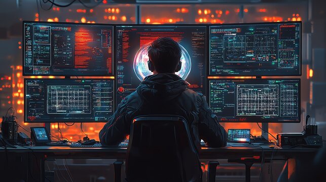 Hacker using a multiscreen setup with a holographic interface, analyzing a complex network