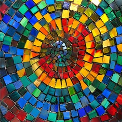 Obraz premium A vibrant abstract mosaic of multi-colored glass pieces arranged in a circular pattern, with bright blues, greens, reds, and yellows reflecting light. 8k UHD, suitable for high-quality printing 