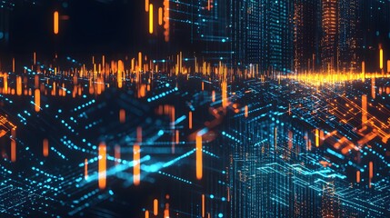 Naklejka premium Futuristic digital waveform with abstract neon light patterns in a cybernetic cityscape