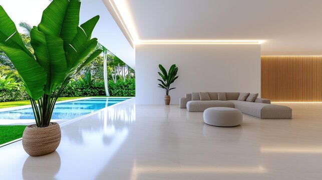 A modern living space with neutral tones, simple decor, and natural wood furniture, featuring potted greenery for a refreshing touch