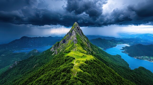 A mysterious, dramatic mountain peak rising into the stormy sky with dark clouds overhead