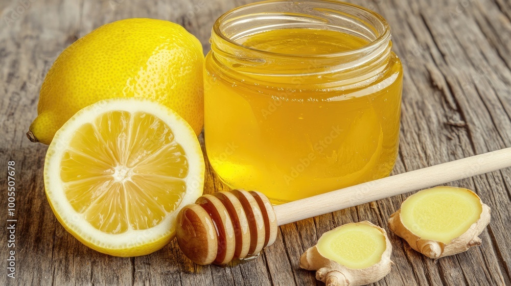 Poster jar of honey with a dipper, next to lemon slices and ginger root on a rustic wooden table