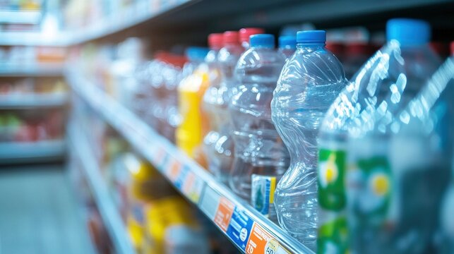 Estantes de supermercado con botellas de pl&aacute;stico y bebidas, ilustrando la variedad de productos y opciones de bebidas disponibles para los consumidores