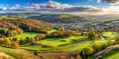 Panoramic view of the Swansea Valley and Mond golf club course in Clydach during Autumn in the UK
