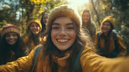 Group of happy young women taking a selfie in the forest.