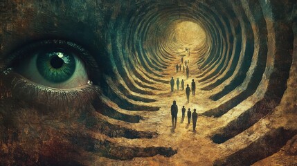 A Green Eye Gazes at People Walking Through a Glowing Tunnel