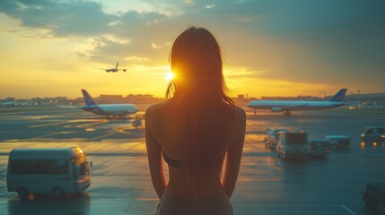 Fototapeta premium A captivating silhouette of an Asian woman with long hair, standing at an airport window during a stunning sunset, capturing the essence of travel and solitude.
