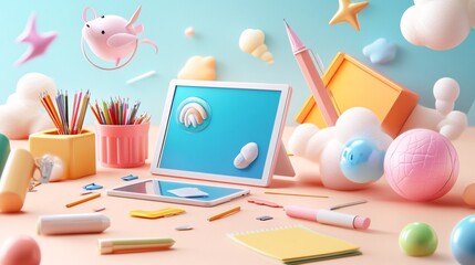 Digital Tablet Surrounded by Colorful School Supplies