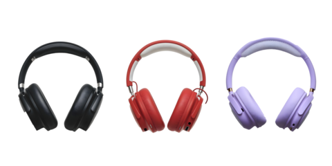 Collection of headphones in three different colors (black, red, and purple ) isolated on a transparent background, a generative AI technology bundle