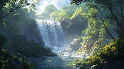 A cascading waterfall plunges into a tranquil stream, surrounded by lush greenery and bathed in sunlight.