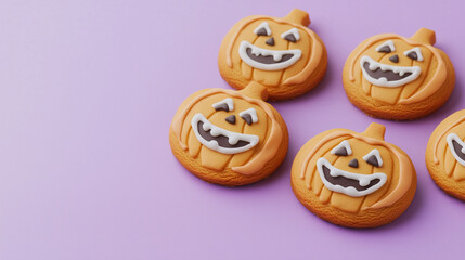 Halloweenthemed pumpkin gingerbread cookies with adorable kawaii faces arranged on a soft pastel purple background