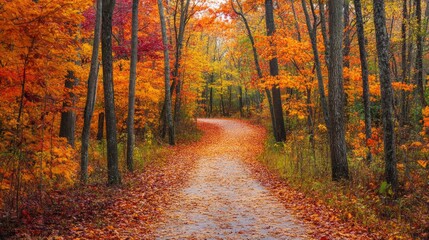 Obraz premium Enchanting Autumn Path Peaceful Forest Walk Amidst Fiery Fall Colors 