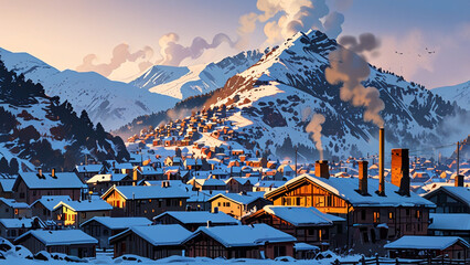Fototapeta premium A medium shot of a snow-dusted mountain village nestled between December mountains, smoke rising from chimneys
