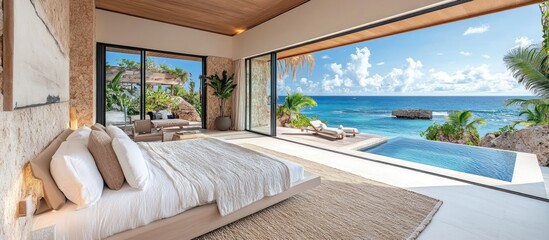 Fototapeta premium Luxurious bedroom with a panoramic view of the ocean, pool, and palm trees.
