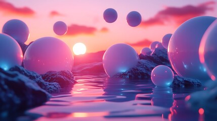 Abstract 3D rendering of white spheres floating in a landscape with a pink sunset.