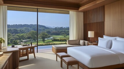 Minimalist bedroom with white bedding, wooden furniture, and a large window overlooking a garden