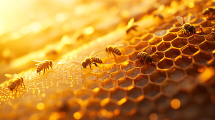 Close-up of bees working on a honeycomb in warm golden light.