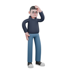 3D Illustration of Professional Male Programmer. A male programmer is standing with his left hand holding his head and his right hand is on his waist. Tech