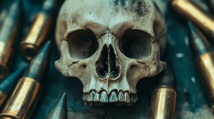 Skull with large caliber ammunition placed around it, symbolizing the tragic consequences of war. 