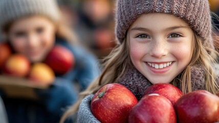 Fototapeta premium Happy girl holding fresh red apples, outdoor setting, smiling, joyful expression.