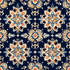 Fototapeta premium Seamless Elegant Floral Thai Pattern with Blue and Orange Accents