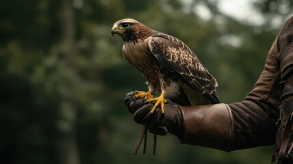 Hawk perched on a person's glove in a natural setting, showcasing its majestic features.