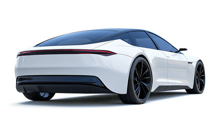 Fototapeta premium White electric car with black wheels and tinted windows, viewed from the rear, isolated on a white background.