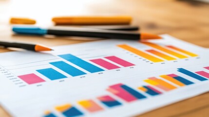 Office desk with financial charts and graphs printed out, pens scattered around the workspace