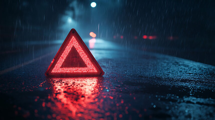 A red warning triangle sits on a wet asphalt road in the rain at night, with blurred city lights in the background.