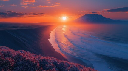 A breathtaking sunset scene captures the glowing hues of dusk over a mountain and ocean shoreline. Gentle waves reflect colors of the sky, creating a tranquil atmosphere.