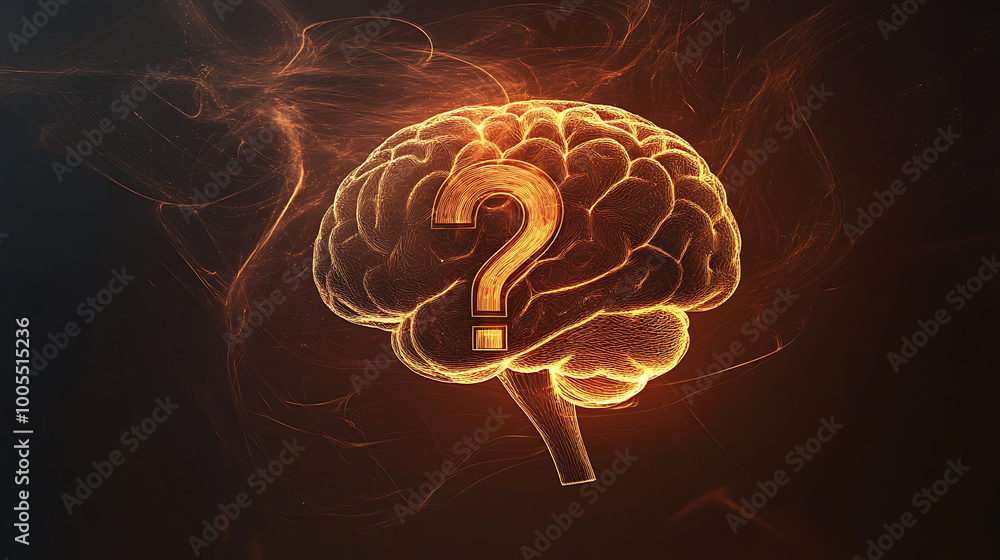 Poster glowing brain with a question mark inside, symbolizing curiosity, intelligence and knowledge.