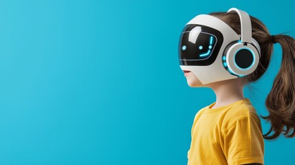 A child wearing a futuristic VR headset, exploring the digital world with excitement and curiosity against a vibrant blue backdrop.