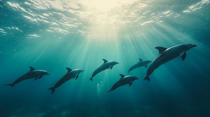 A pod of dolphins swims in the ocean, sunlight shining down.