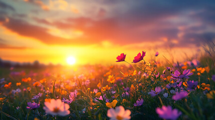 A field of colorful wildflowers is illuminated by a vibrant sunset.
