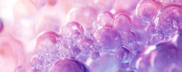 Close-up of pink and purple soap bubbles, abstract background. Cleanliness and freshness concept