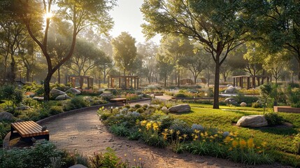 Serene Garden Path: Lush Greenery and Blooming Flowers