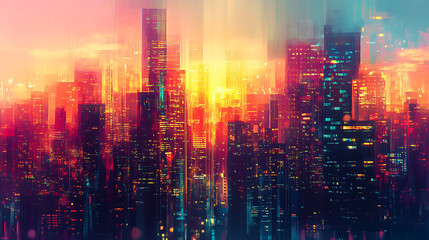 Fototapeta premium A futuristic cityscape with glowing buildings and a bright light in the center.