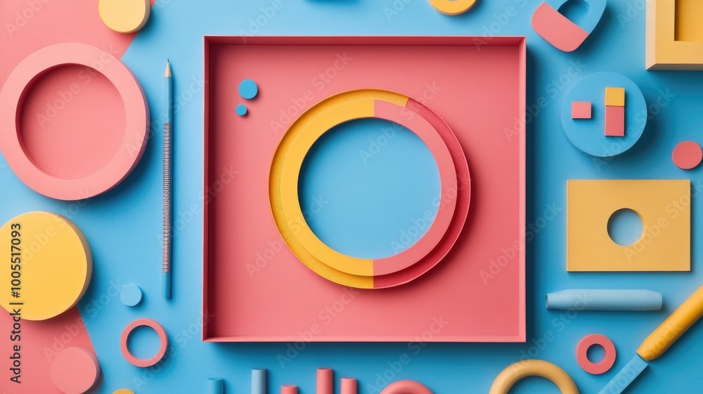 Poster paper cut-out shapes in geometric patterns, creating a playful and artistic background