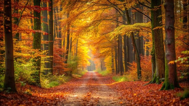 Peaceful forest path during autumn surrounded by colorful leaves