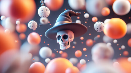 captivating 3D illustration featuring skull wearing witchs hat, surrounded by colorful spheres, perfect for Halloween themes. vibrant colors and playful design evoke festive spirit