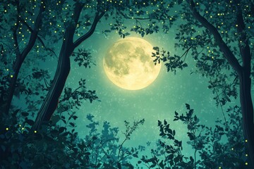 Fototapeta premium Full Moon Shining Through Silhouetted Trees with Fireflies