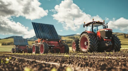 Solar Powered Farming: Two modern tractors with solar panels on the back, driving across a field, ...