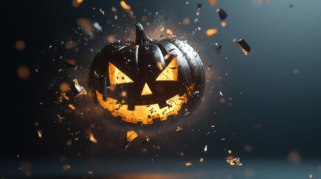 striking close up of Halloween pumpkin exploding with vibrant orange light and shards flying, capturing essence of Halloween excitement and surprise