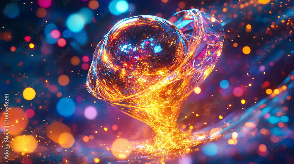 Poster abstract glowing sphere with a swirling fiery base and bokeh background.