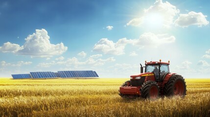 Fototapeta premium Sustainable Future: A red tractor stands proudly in a golden field of wheat, with a solar panel farm in the background, showcasing a harmonious blend of agriculture and renewable energy. 