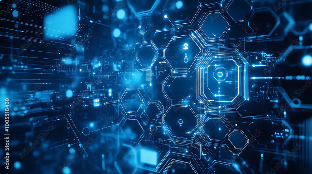 Poster abstract blue glowing digital network background with hexagonal shapes and lines.