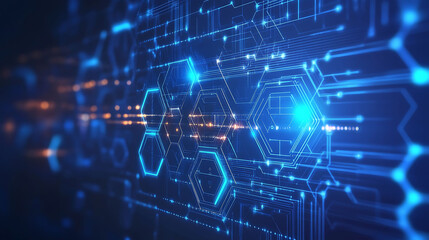 Obraz premium Abstract digital background with glowing blue and orange lines and hexagons.