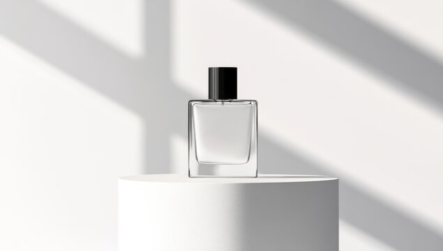photo of minimalist white perfume bottle mockup on podium against white wall with shadow