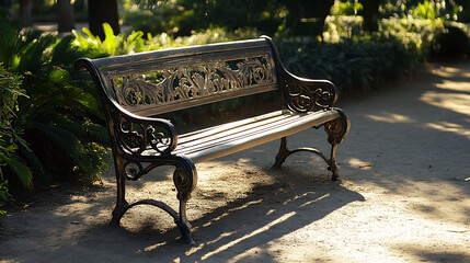 An ornate metal bench with a wooden seat sits in a park surrounded by lush greenery.